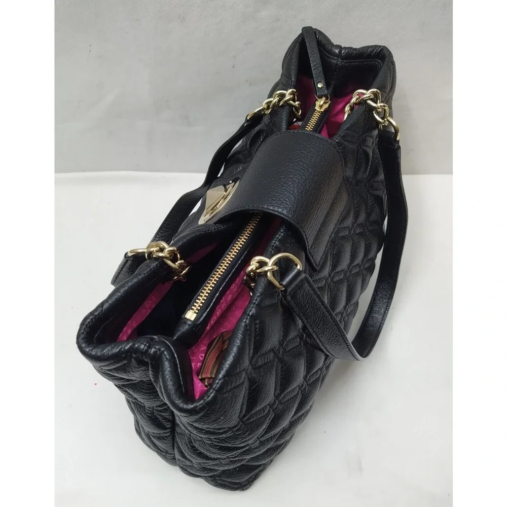 Kate Spade Black Leather Quilted Chain Strap Turnlock Satchel Shoulder Bag